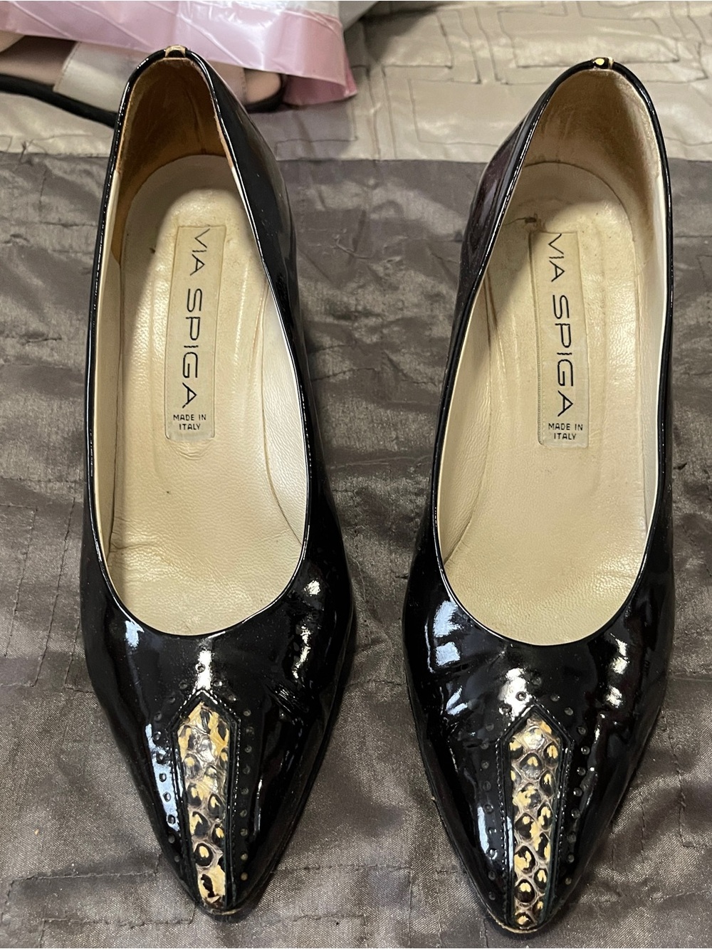 Via Spiga Black Patent Pointed Toe Pumps with Gold Accent Detail